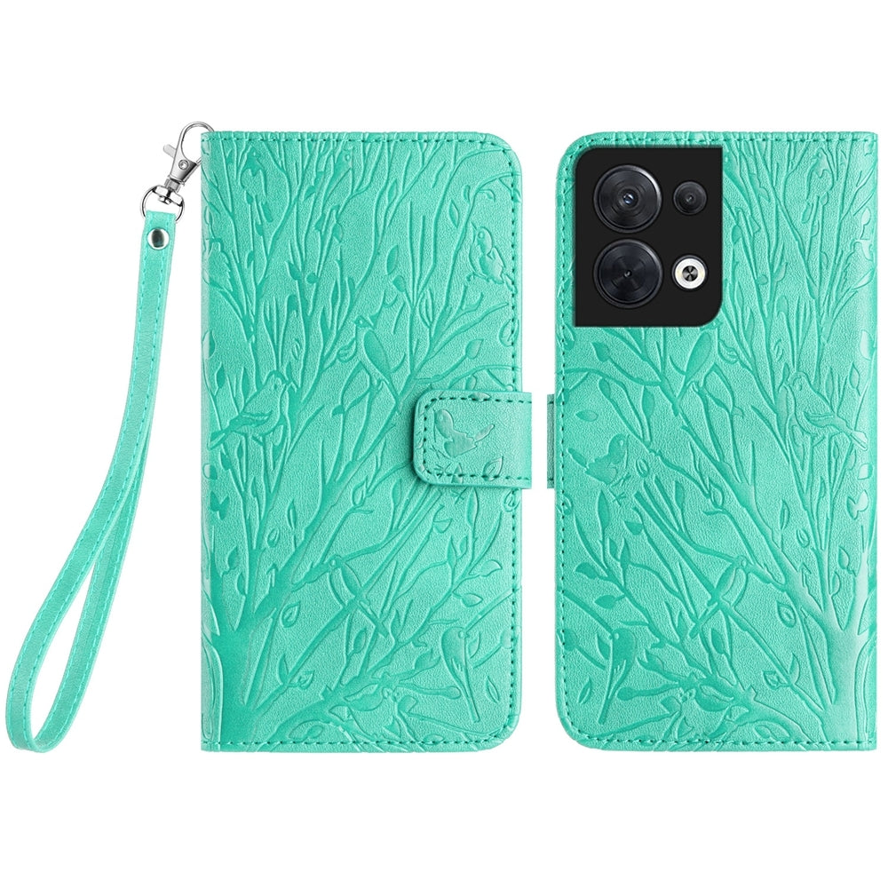 OPPO Reno8 Embossed Leather Phone Case with Tree Birds Pattern, Hand Strap, Card Holder & Adjustable Stand - Shockproof Wallet Cover