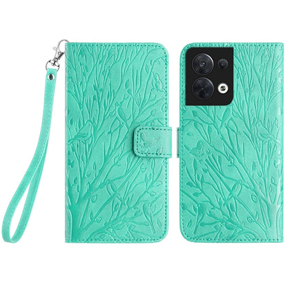 OPPO Reno8 Embossed Leather Phone Case with Tree Birds Pattern, Hand Strap, Card Holder & Adjustable Stand - Shockproof Wallet Cover
