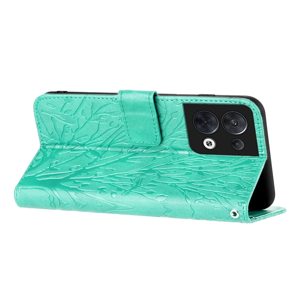 OPPO Reno8 Embossed Leather Phone Case with Tree Birds Pattern, Hand Strap, Card Holder & Adjustable Stand - Shockproof Wallet Cover