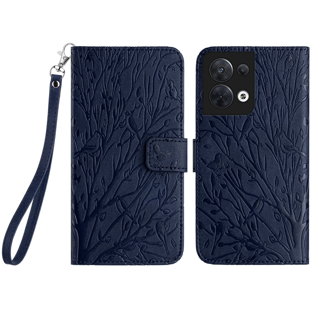 OPPO Reno8 Embossed Leather Phone Case with Tree Birds Pattern, Hand Strap, Card Holder & Adjustable Stand - Shockproof Wallet Cover