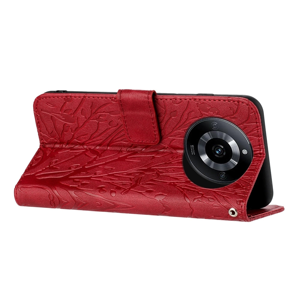 Realme 11 4G Embossed Leather Phone Case with Tree Birds Pattern, Hand Strap, Card Holder & Adjustable Stand - Shockproof Wallet Cover