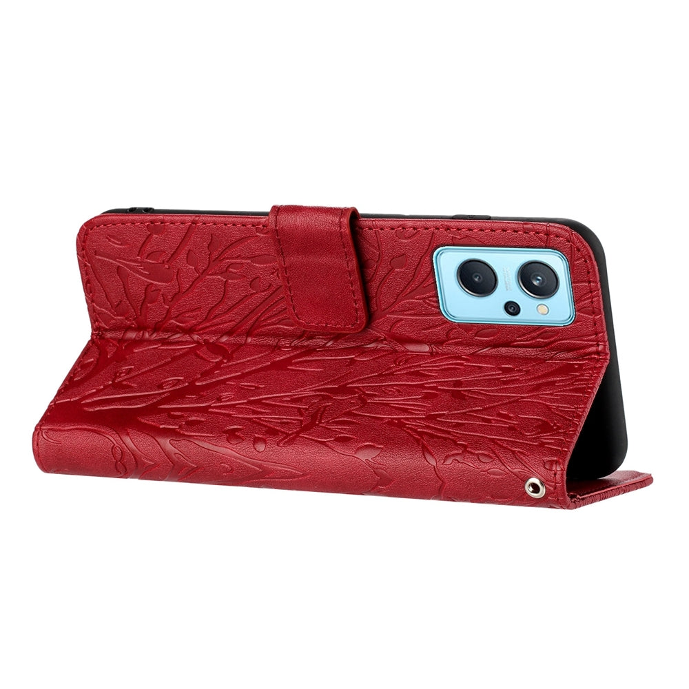 Realme 9i Embossed Leather Phone Case with Tree Birds Pattern, Hand Strap, Card Holder & Adjustable Stand - Shockproof Wallet Cover