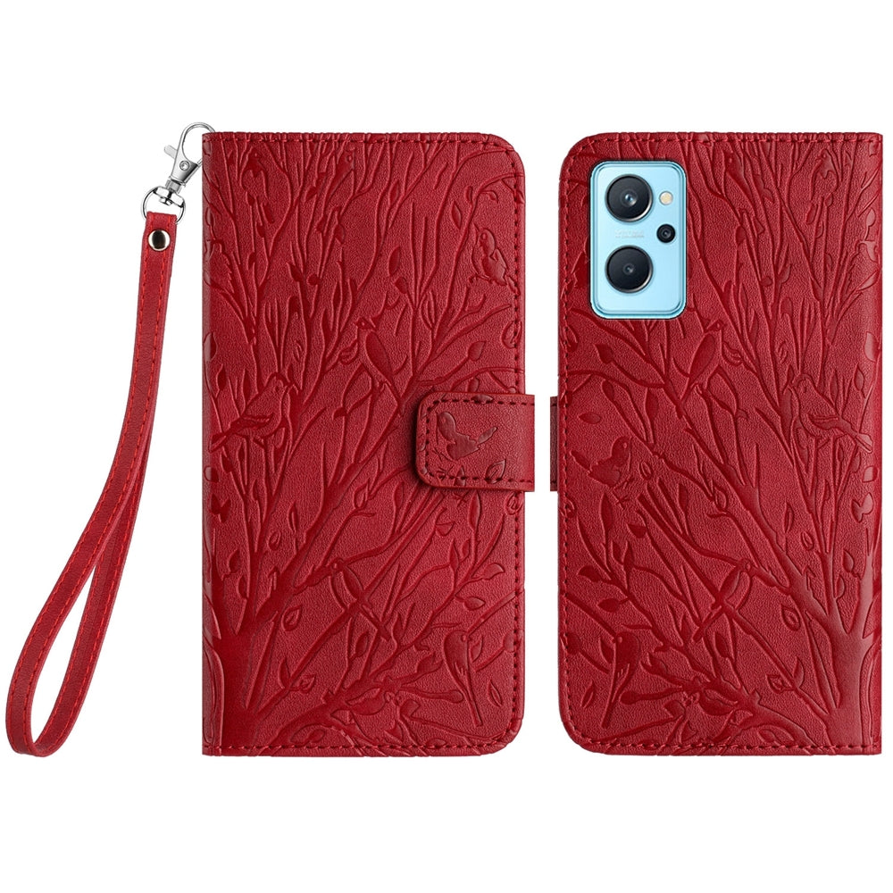 OPPO A36 Embossed Leather Phone Case with Tree Birds Pattern, Hand Strap, Card Holder & Adjustable Stand - Shockproof Wallet Cover