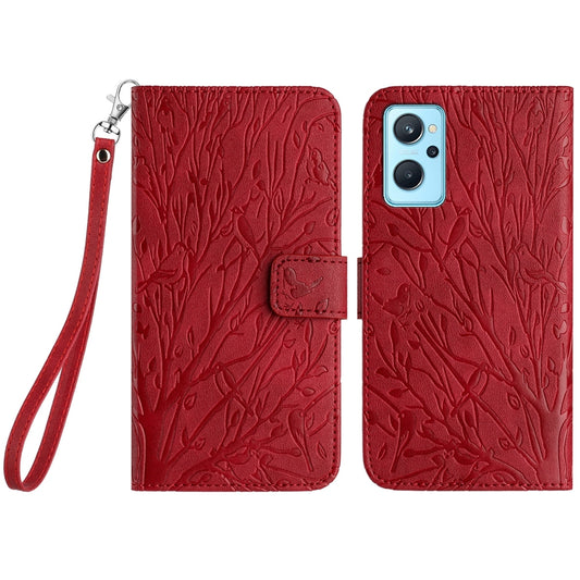 OPPO A36 Embossed Leather Phone Case with Tree Birds Pattern, Hand Strap, Card Holder & Adjustable Stand - Shockproof Wallet Cover