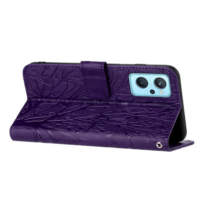 Realme 9i Embossed Leather Phone Case with Tree Birds Pattern, Hand Strap, Card Holder & Adjustable Stand - Shockproof Wallet Cover