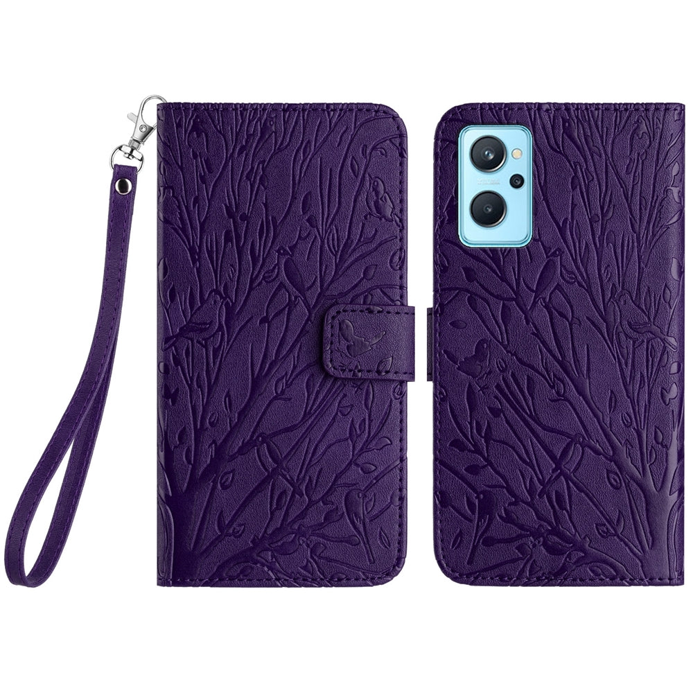 OPPO A36 Embossed Leather Phone Case with Tree Birds Pattern, Hand Strap, Card Holder & Adjustable Stand - Shockproof Wallet Cover
