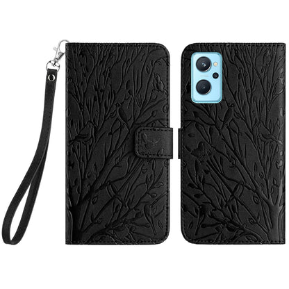 Realme 9i Embossed Leather Phone Case with Tree Birds Pattern, Hand Strap, Card Holder & Adjustable Stand - Shockproof Wallet Cover