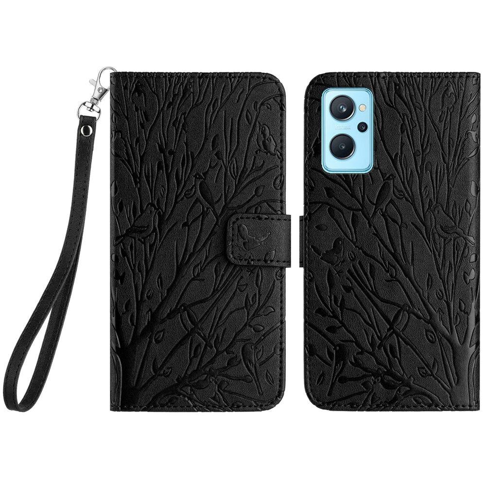 OPPO A36 Embossed Leather Phone Case with Tree Birds Pattern, Hand Strap, Card Holder & Adjustable Stand - Shockproof Wallet Cover