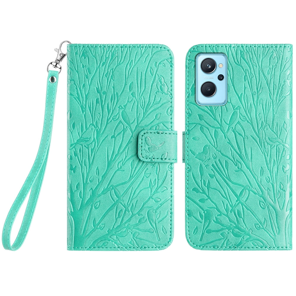 Realme 9i Embossed Leather Phone Case with Tree Birds Pattern, Hand Strap, Card Holder & Adjustable Stand - Shockproof Wallet Cover