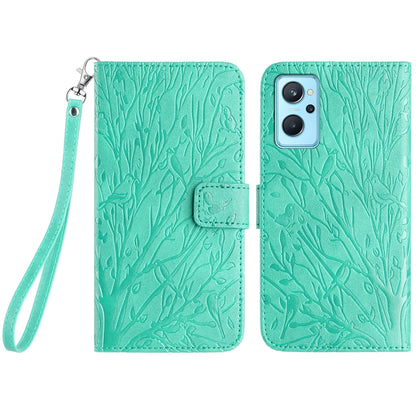 Realme 9i Embossed Leather Phone Case with Tree Birds Pattern, Hand Strap, Card Holder & Adjustable Stand - Shockproof Wallet Cover