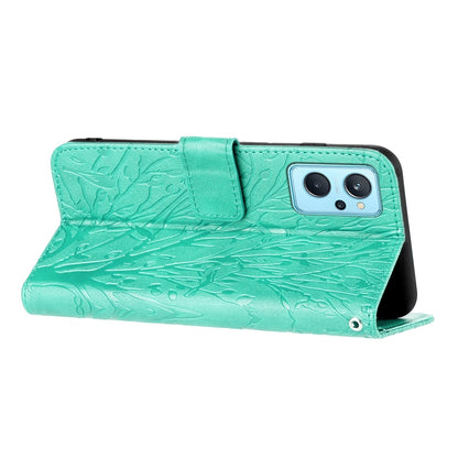 Realme 9i Embossed Leather Phone Case with Tree Birds Pattern, Hand Strap, Card Holder & Adjustable Stand - Shockproof Wallet Cover