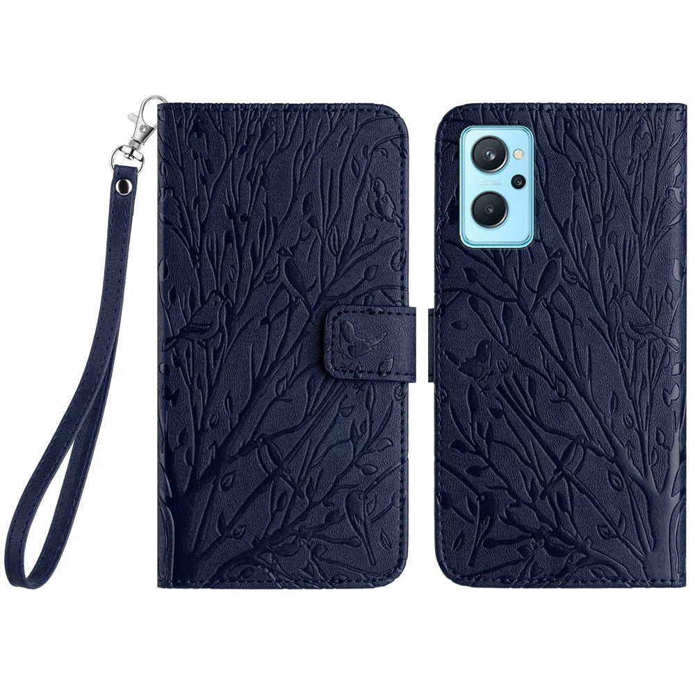 Realme 9i Embossed Leather Phone Case with Tree Birds Pattern, Hand Strap, Card Holder & Adjustable Stand - Shockproof Wallet Cover