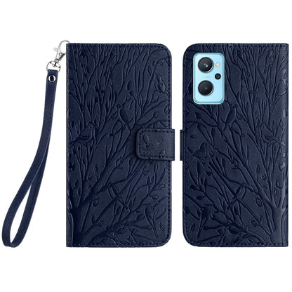 Realme 9i Embossed Leather Phone Case with Tree Birds Pattern, Hand Strap, Card Holder & Adjustable Stand - Shockproof Wallet Cover