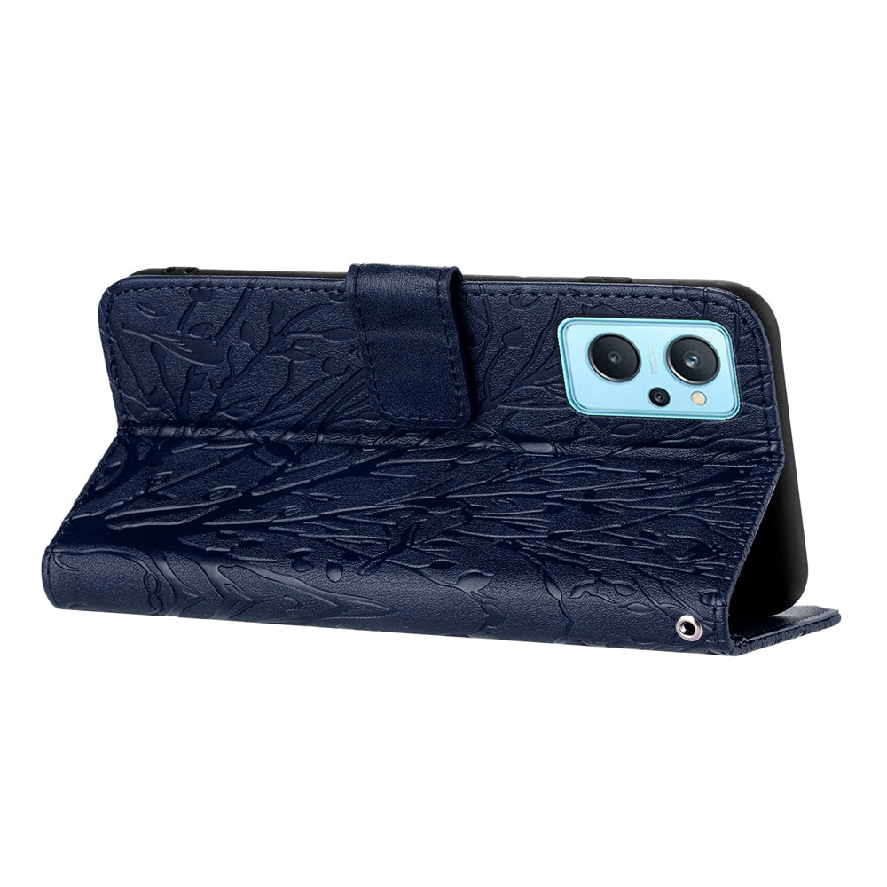 OPPO A36 Embossed Leather Phone Case with Tree Birds Pattern, Hand Strap, Card Holder & Adjustable Stand - Shockproof Wallet Cover