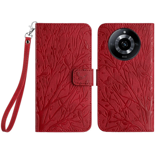 Realme 11 Pro Embossed Leather Phone Case with Tree Birds Pattern, Hand Strap, Card Holder & Adjustable Stand - Shockproof Wallet Cover