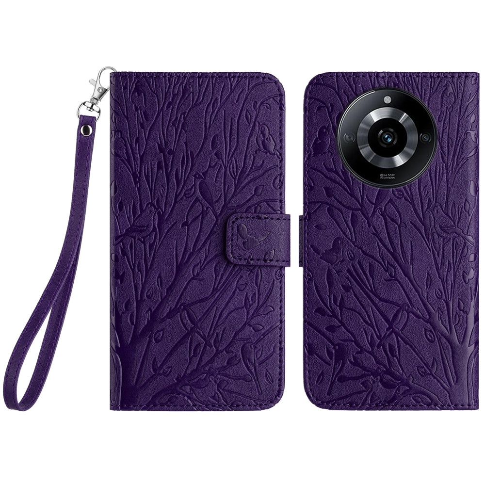 Realme 11 Pro Embossed Leather Phone Case with Tree Birds Pattern, Hand Strap, Card Holder & Adjustable Stand - Shockproof Wallet Cover