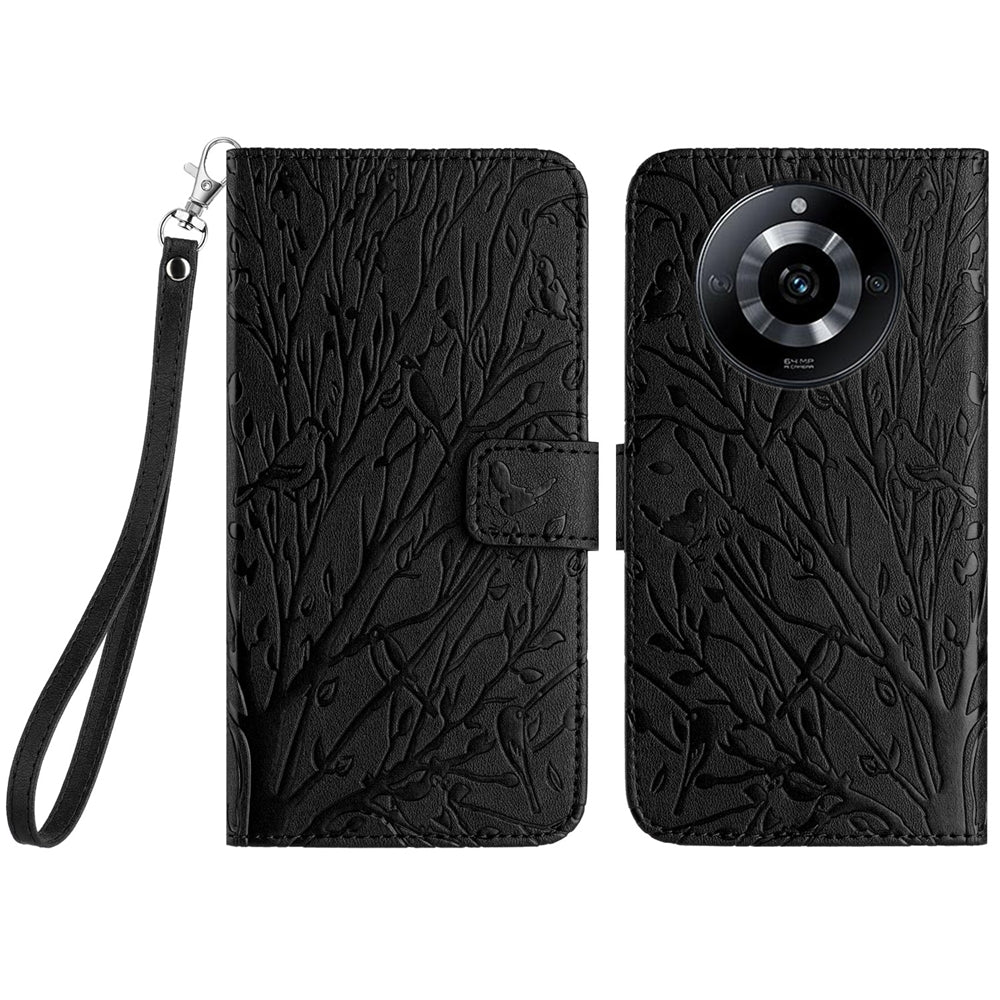 Realme 11 Pro Embossed Leather Phone Case with Tree Birds Pattern, Hand Strap, Card Holder & Adjustable Stand - Shockproof Wallet Cover