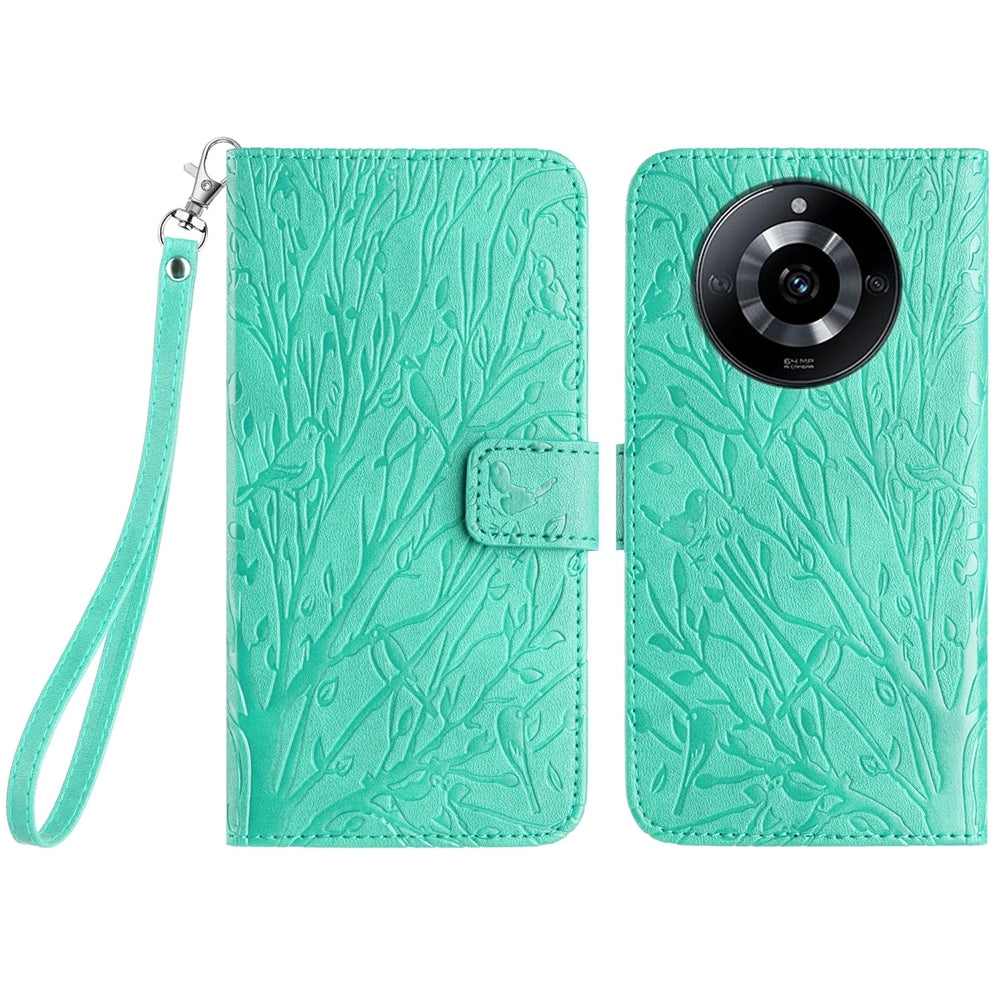 Realme 11 Pro Embossed Leather Phone Case with Tree Birds Pattern, Hand Strap, Card Holder & Adjustable Stand - Shockproof Wallet Cover