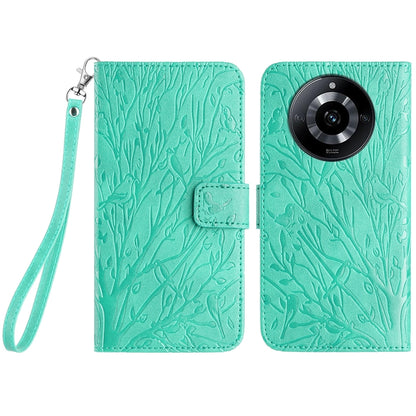 Realme 11 Pro Embossed Leather Phone Case with Tree Birds Pattern, Hand Strap, Card Holder & Adjustable Stand - Shockproof Wallet Cover