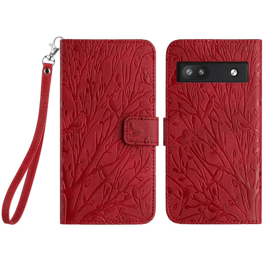 Google Pixel 6a Embossed Leather Phone Case with Tree Birds Pattern, Hand Strap, Card Holder & Adjustable Stand - Shockproof Wallet Cover