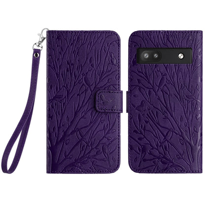 Google Pixel 6a Embossed Leather Phone Case with Tree Birds Pattern, Hand Strap, Card Holder & Adjustable Stand - Shockproof Wallet Cover