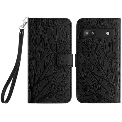 Google Pixel 6a Embossed Leather Phone Case with Tree Birds Pattern, Hand Strap, Card Holder & Adjustable Stand - Shockproof Wallet Cover
