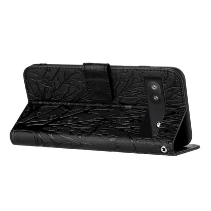 Google Pixel 6a Embossed Leather Phone Case with Tree Birds Pattern, Hand Strap, Card Holder & Adjustable Stand - Shockproof Wallet Cover