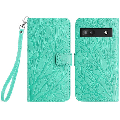 Google Pixel 6a Embossed Leather Phone Case with Tree Birds Pattern, Hand Strap, Card Holder & Adjustable Stand - Shockproof Wallet Cover
