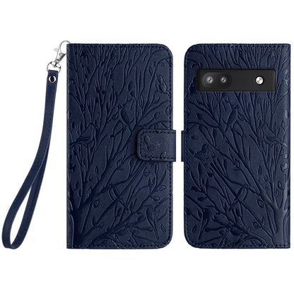 Google Pixel 6a Embossed Leather Phone Case with Tree Birds Pattern, Hand Strap, Card Holder & Adjustable Stand - Shockproof Wallet Cover