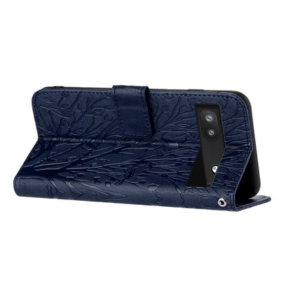 Google Pixel 6a Embossed Leather Phone Case with Tree Birds Pattern, Hand Strap, Card Holder & Adjustable Stand - Shockproof Wallet Cover