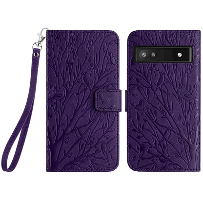 Google Pixel 7a Embossed Leather Phone Case with Tree Birds Pattern, Hand Strap, Card Holder & Adjustable Stand - Shockproof Wallet Cover