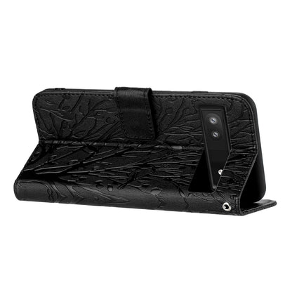 Google Pixel 7a Embossed Leather Phone Case with Tree Birds Pattern, Hand Strap, Card Holder & Adjustable Stand - Shockproof Wallet Cover