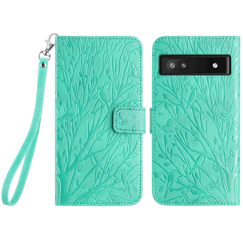 Google Pixel 7a Embossed Leather Phone Case with Tree Birds Pattern, Hand Strap, Card Holder & Adjustable Stand - Shockproof Wallet Cover