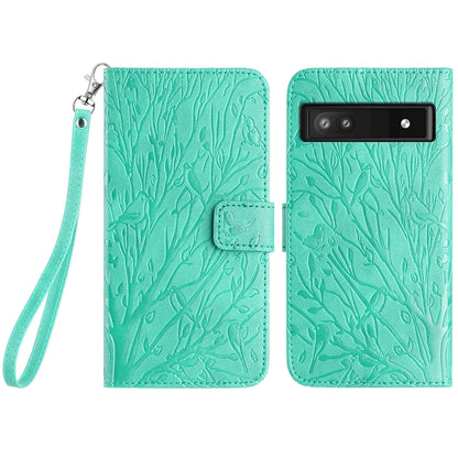 Google Pixel 7a Embossed Leather Phone Case with Tree Birds Pattern, Hand Strap, Card Holder & Adjustable Stand - Shockproof Wallet Cover