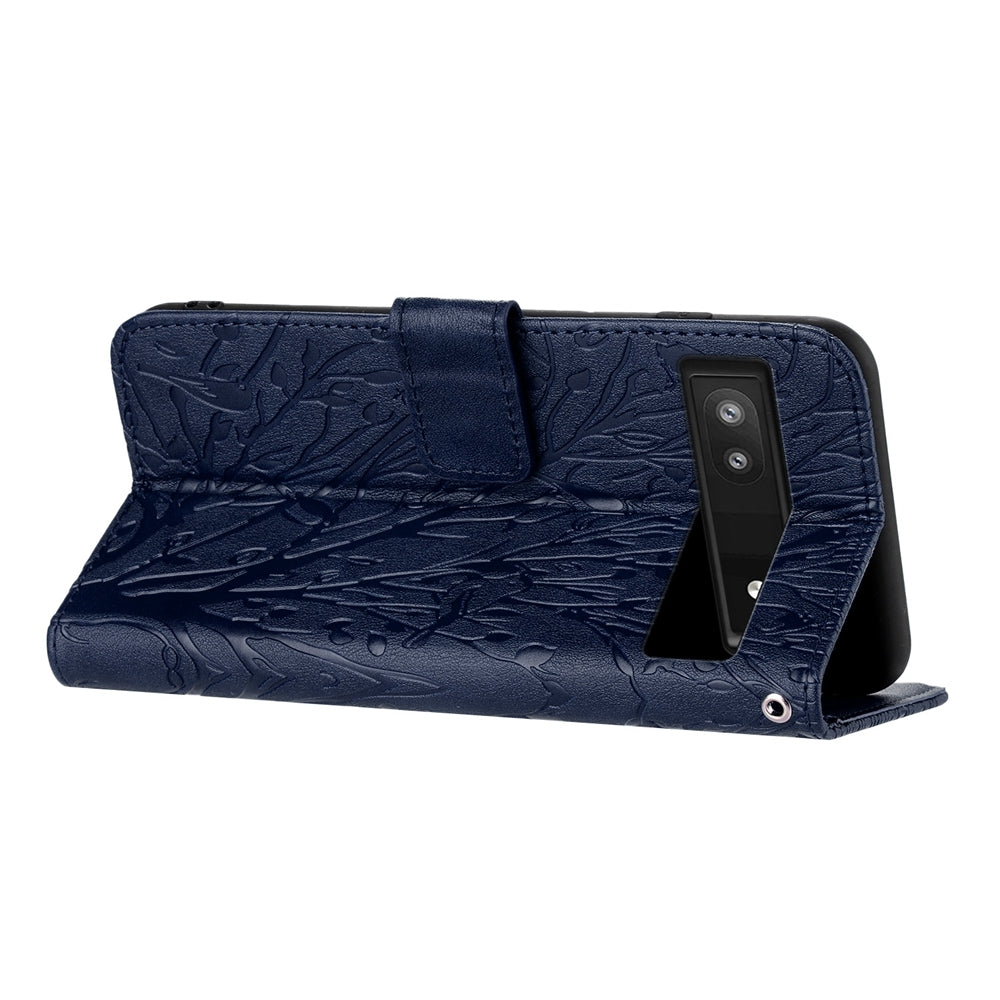 Google Pixel 7a Embossed Leather Phone Case with Tree Birds Pattern, Hand Strap, Card Holder & Adjustable Stand - Shockproof Wallet Cover