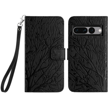 Google Pixel 7 Pro Embossed Leather Phone Case with Tree Birds Pattern, Hand Strap, Card Holder & Adjustable Stand - Shockproof Wallet Cover