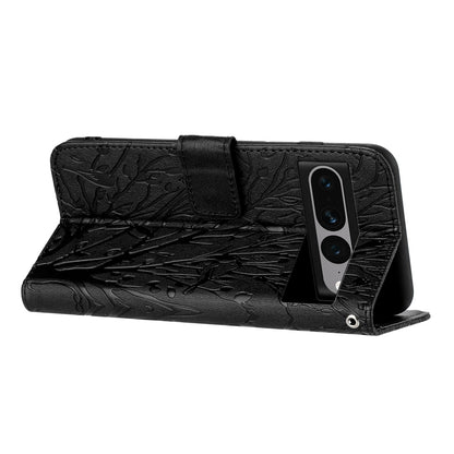 Google Pixel 7 Pro Embossed Leather Phone Case with Tree Birds Pattern, Hand Strap, Card Holder & Adjustable Stand - Shockproof Wallet Cover