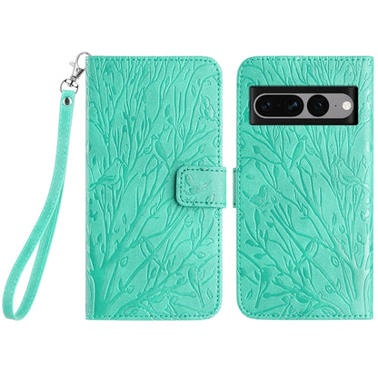 Google Pixel 7 Pro Embossed Leather Phone Case with Tree Birds Pattern, Hand Strap, Card Holder & Adjustable Stand - Shockproof Wallet Cover