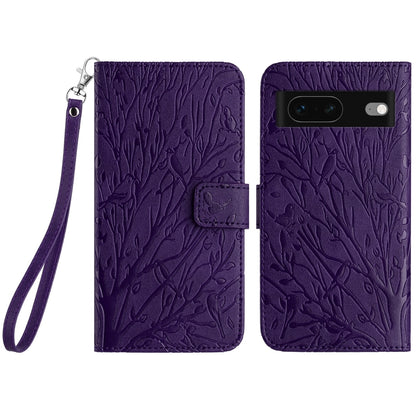 Google Pixel 7 Embossed Leather Phone Case with Tree Birds Pattern, Hand Strap, Card Holder & Adjustable Stand - Shockproof Wallet Cover