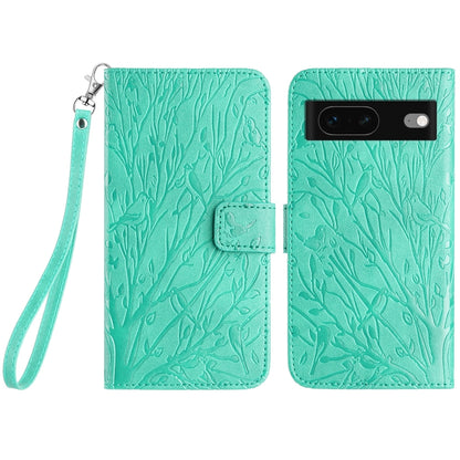 Google Pixel 7 Embossed Leather Phone Case with Tree Birds Pattern, Hand Strap, Card Holder & Adjustable Stand - Shockproof Wallet Cover