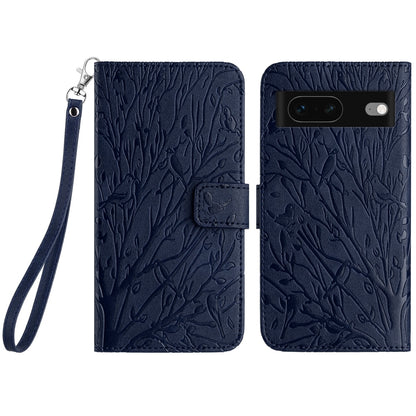 Google Pixel 7 Embossed Leather Phone Case with Tree Birds Pattern, Hand Strap, Card Holder & Adjustable Stand - Shockproof Wallet Cover