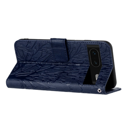 Google Pixel 7 Embossed Leather Phone Case with Tree Birds Pattern, Hand Strap, Card Holder & Adjustable Stand - Shockproof Wallet Cover