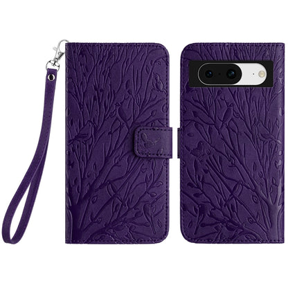 Google Pixel 8 Embossed Leather Phone Case with Tree Birds Pattern, Hand Strap, Card Holder & Adjustable Stand - Shockproof Wallet Cover