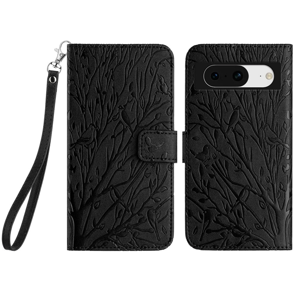 Google Pixel 8 Embossed Leather Phone Case with Tree Birds Pattern, Hand Strap, Card Holder & Adjustable Stand - Shockproof Wallet Cover
