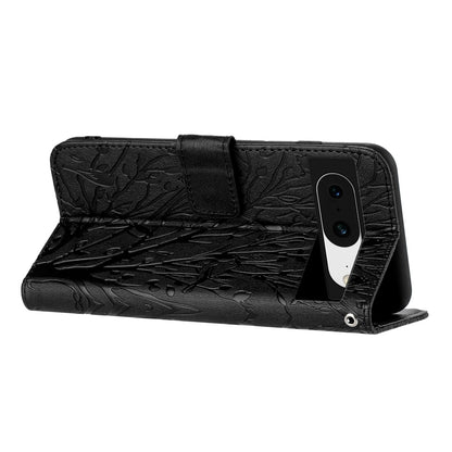 Google Pixel 8 Embossed Leather Phone Case with Tree Birds Pattern, Hand Strap, Card Holder & Adjustable Stand - Shockproof Wallet Cover