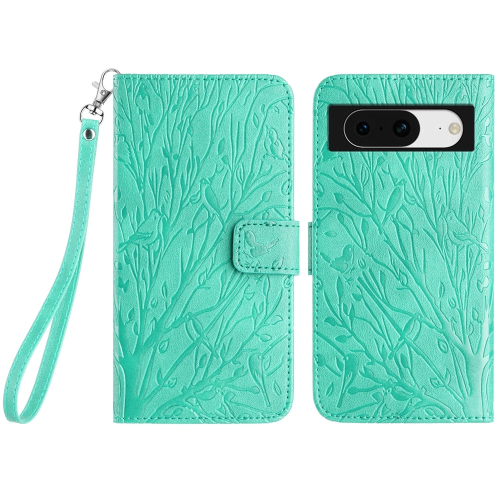 Google Pixel 8 Embossed Leather Phone Case with Tree Birds Pattern, Hand Strap, Card Holder & Adjustable Stand - Shockproof Wallet Cover