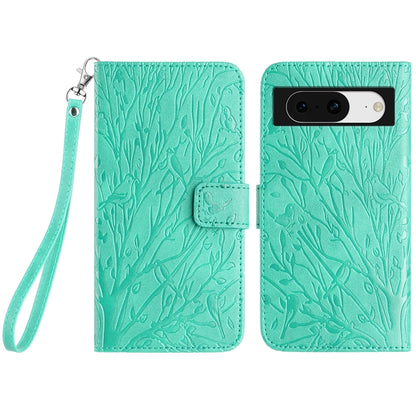 Google Pixel 8 Embossed Leather Phone Case with Tree Birds Pattern, Hand Strap, Card Holder & Adjustable Stand - Shockproof Wallet Cover