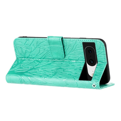 Google Pixel 8 Embossed Leather Phone Case with Tree Birds Pattern, Hand Strap, Card Holder & Adjustable Stand - Shockproof Wallet Cover