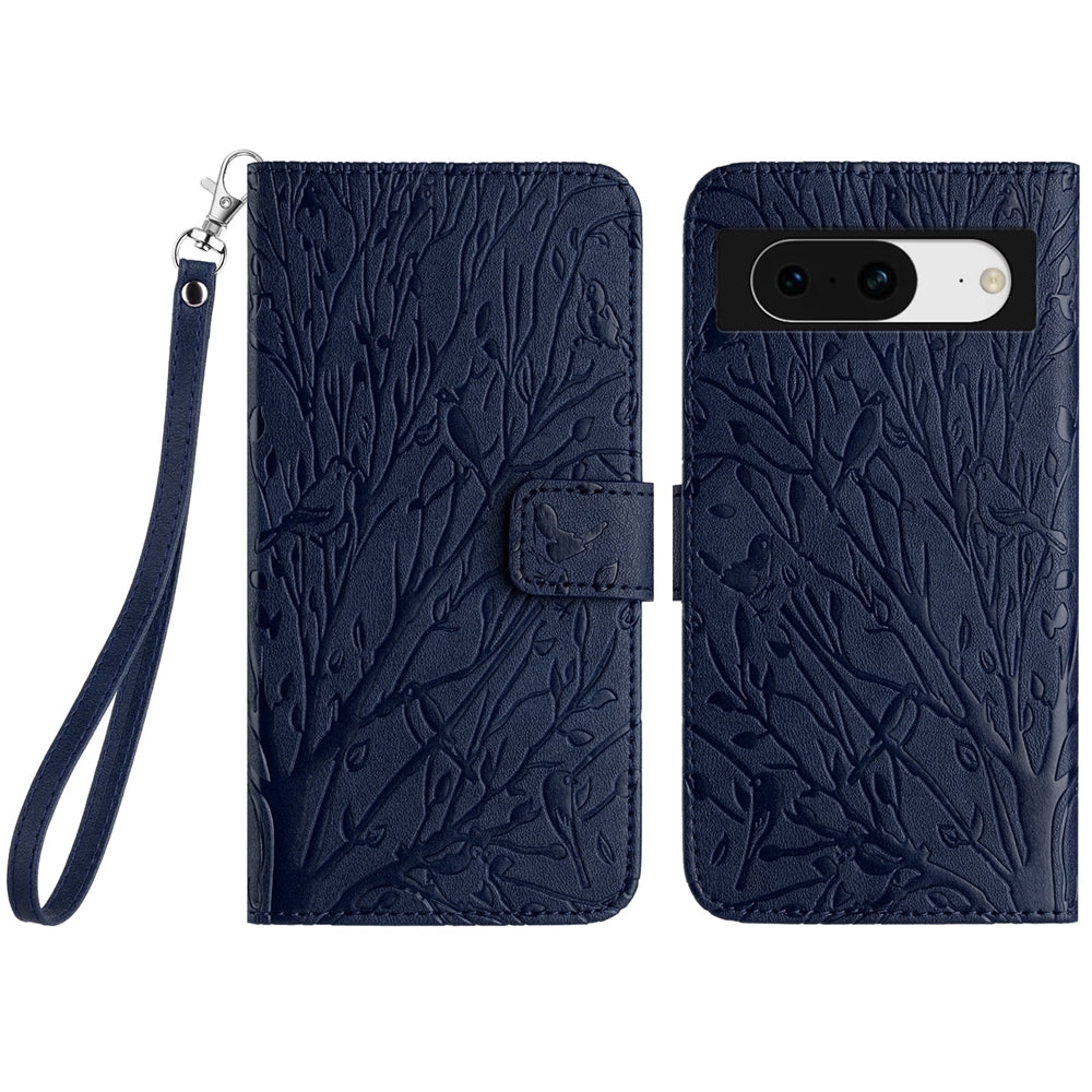 Google Pixel 8 Embossed Leather Phone Case with Tree Birds Pattern, Hand Strap, Card Holder & Adjustable Stand - Shockproof Wallet Cover