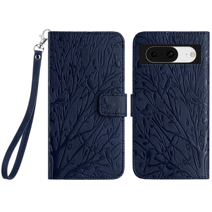 Google Pixel 8 Embossed Leather Phone Case with Tree Birds Pattern, Hand Strap, Card Holder & Adjustable Stand - Shockproof Wallet Cover